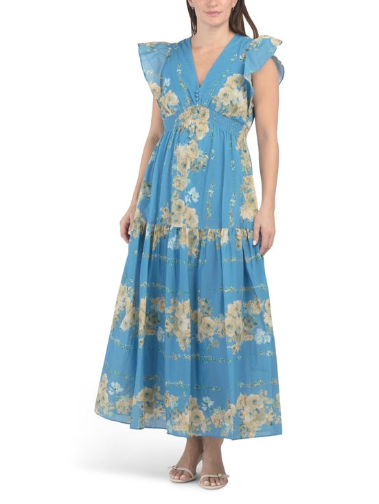 Taylor Dresses & Skirts - NWT - Taylor Cotton V-Neck Flutter Sleeve Blue/Yellow Floral Maxi Dress-Size 14